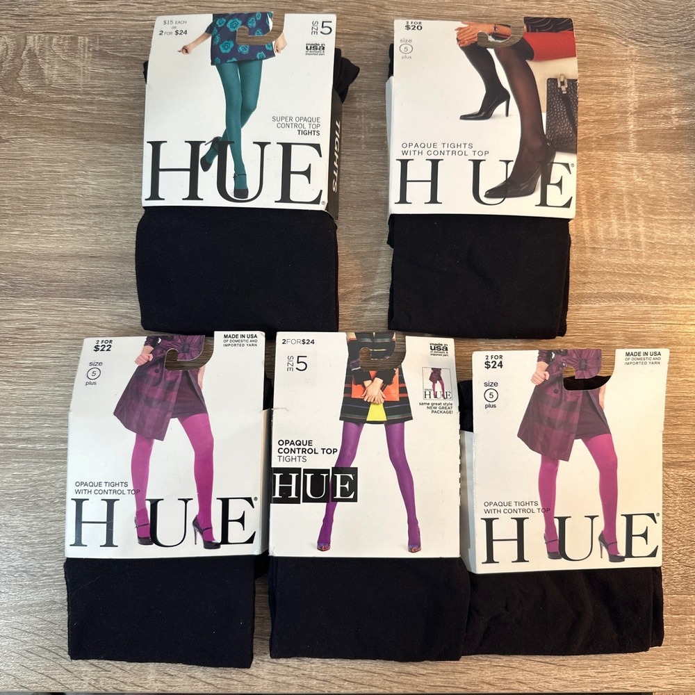 HUE Opaque Control Top Tights Plus Size 5 Black Legwear Lot of 5 Goth Emo 5X